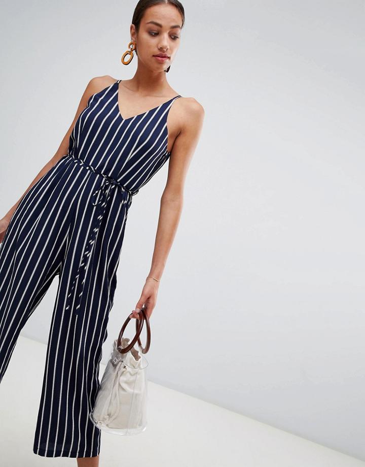 Ax Paris Striped Culotte Jumpsuit - Navy