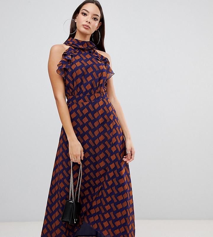 Prettylittlething Sleeveless Frill Detail Maxi Dress In Chevron Print - Multi