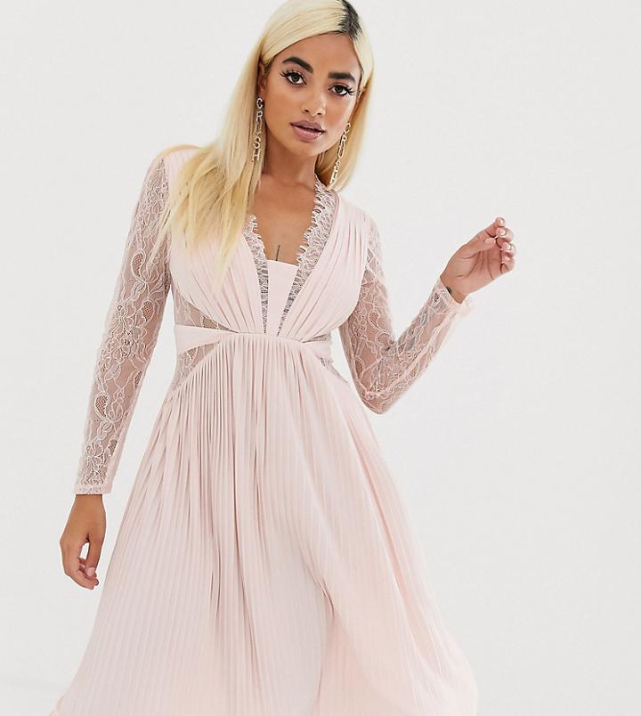 Asos Design Petite Lace And Pleat Long Sleeve Midi Dress