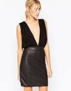 Hedonia Ali Cross Front Pencil Dress With Snakeskin Skirt - Black