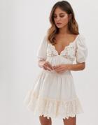 Asos Design Sweetheart Broderie Mini Dress With Elasticated Waist-cream