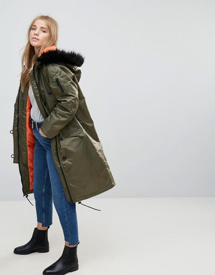 Brave Soul Full Moon Maxi Parka Coat - Green