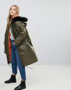 Brave Soul Full Moon Maxi Parka Coat - Green