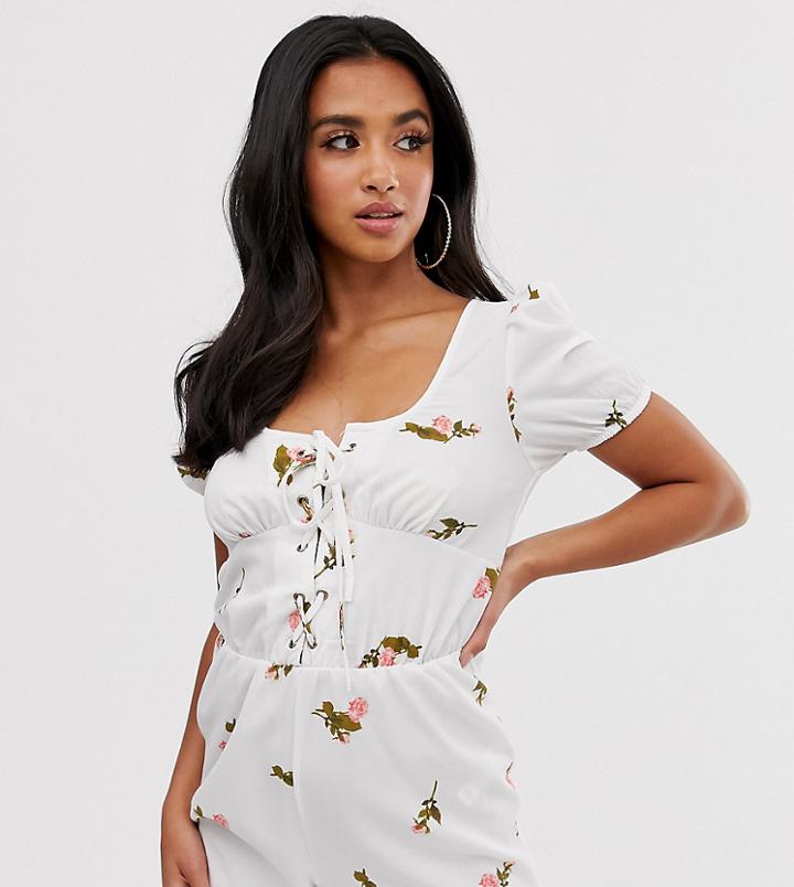 Asos Design Petite Beach Romper With Plunge Lace Up Detail & Milkmaid Sleeves In Floral Print-multi