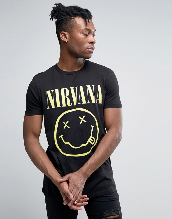 Asos Nirvana Longline Band T-shirt With Smiley Print - Black