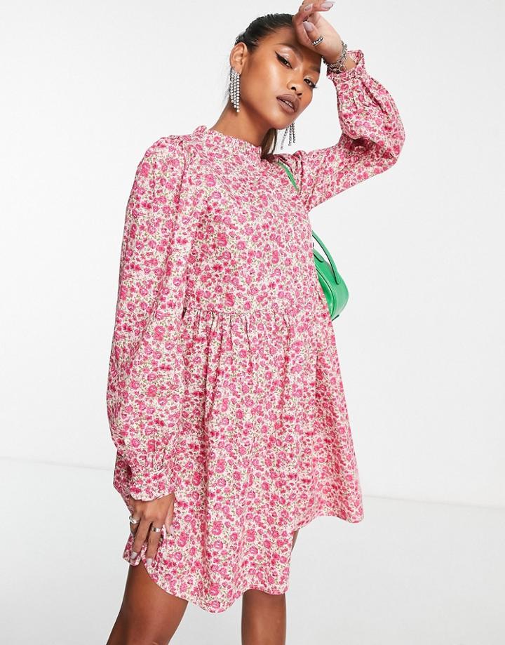 Vila Long Sleeve Mini Smock Dress In Pink Print