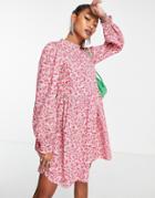 Vila Long Sleeve Mini Smock Dress In Pink Print