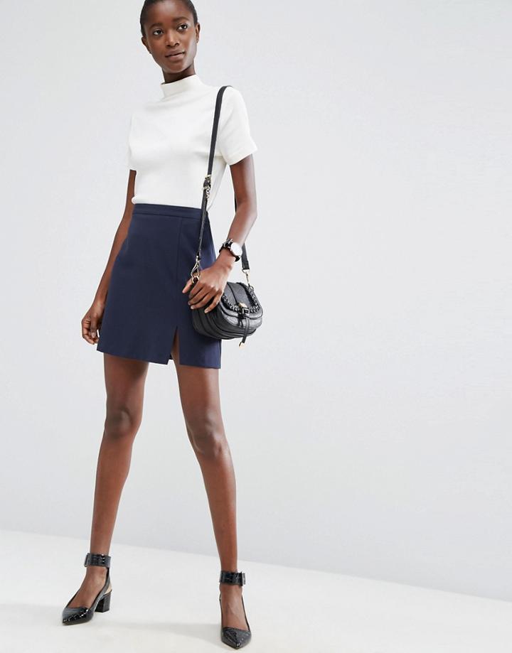 Asos A-line Mini Skirt With Split In Crepe - Navy