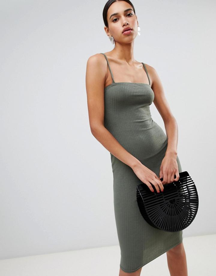 Boohoo Cami Strap Ribbed Midi Dress - Green