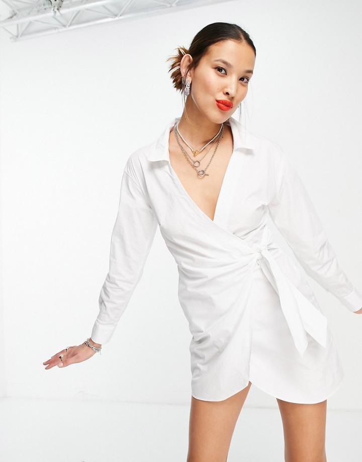 Bershka Plunge V-neck Wrap Dress In White