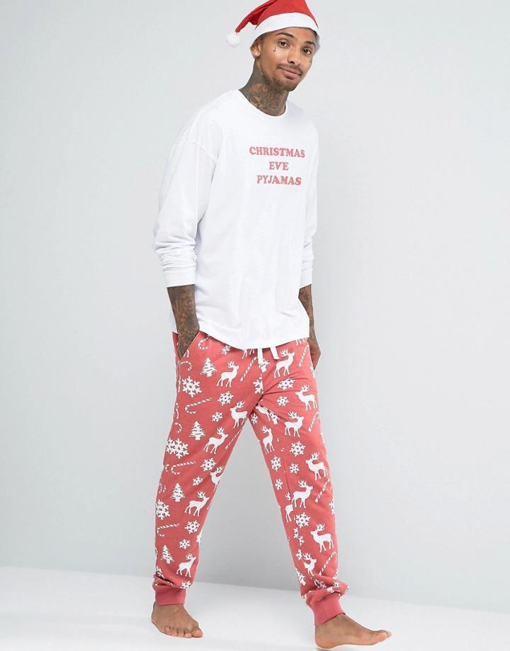 Asos Loungewear Holidays Drop Crotch Jogger With Reindeer Print - Red