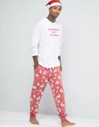 Asos Loungewear Holidays Drop Crotch Jogger With Reindeer Print - Red