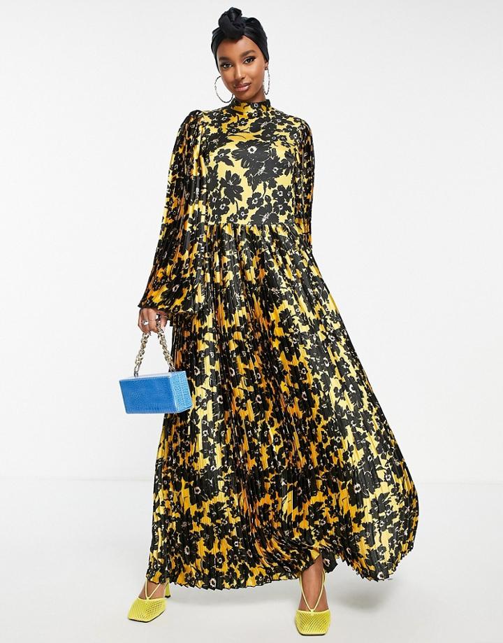 Asos Design Pleated High Neck Maxi Dress In Bold Mustard Floral-multi