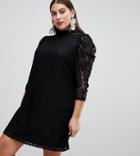 Asos Curve Lace Mini Dress With Puff Sleeves - Black