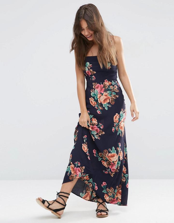Asos Pinafore Maxi Dress In Navy Floral Print - Navy Print