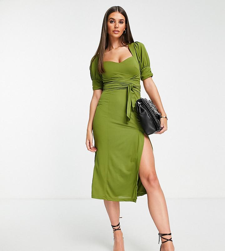 Asos Design Tall Sweetheart Neck Self Tie Belt Midi Dress With High Slit In Olive-multi