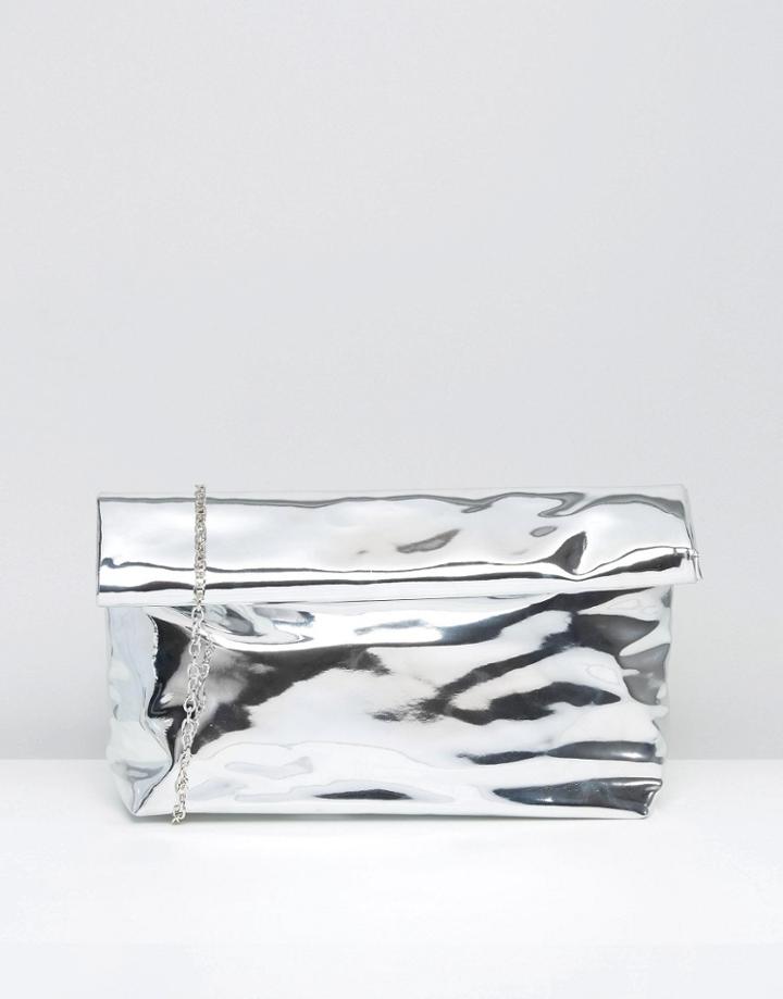 Missguided Metallic High Shine Roll Top Clutch Bag - Silver