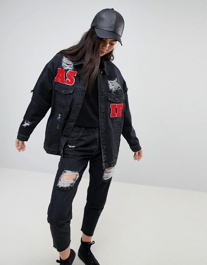 Kubban As If Embroidered Oversized Denim Jacket - Black