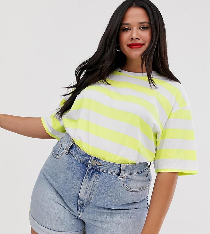 Asos Design Curve Oversized Boxy T-shirt In Neon Stripe-yellow