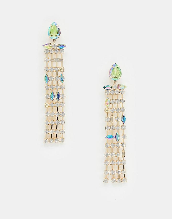 Asos Design Statement Earrings In Asymmetric Pastel Crystal Drops In Gold - Gold