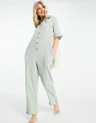 Asos Design Button Through Shirt Jumpsuit In Sage-green