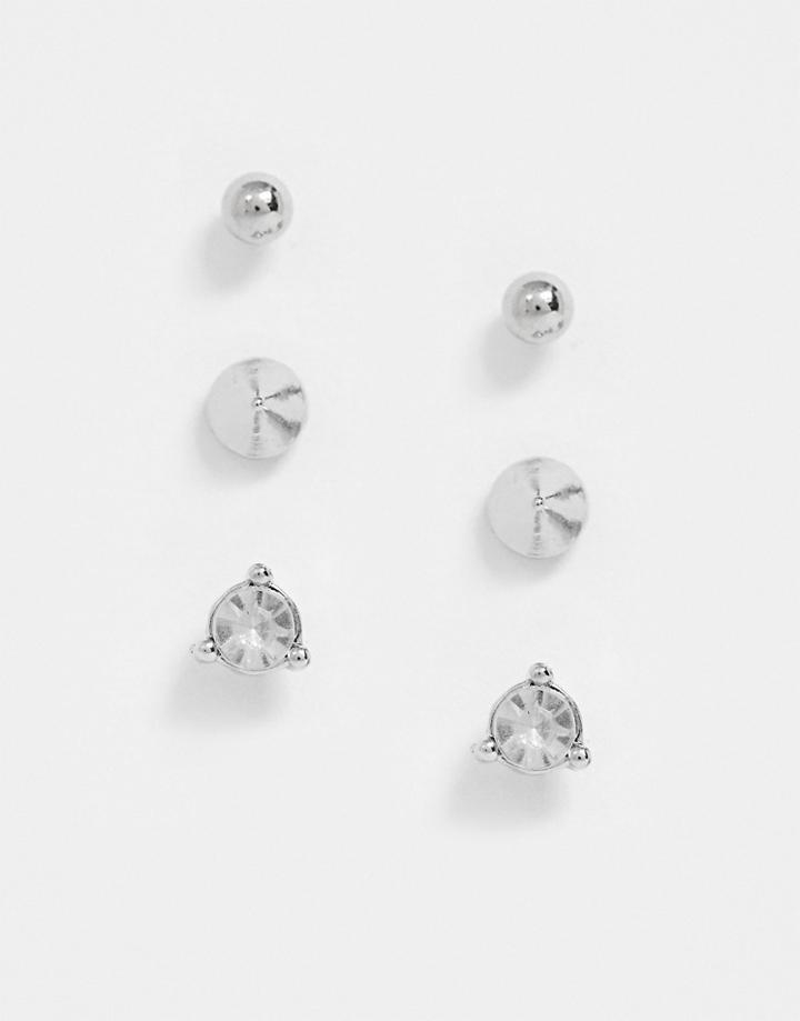 Asos Design Pack Of 3 Stud Earrings With Spike And Crystal In Silver Tone