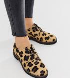 Asos Design Wide Fit Virtual Leather Lace Up Flat Shoes In Leopard-multi