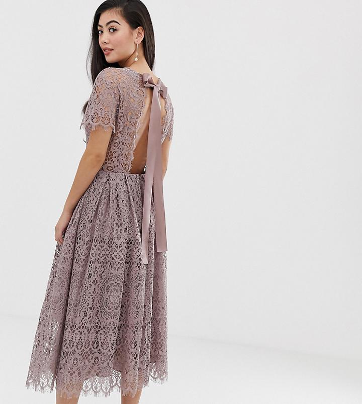 Asos Design Petite Lace Midi Dress With Ribbon Tie And Open Back-beige