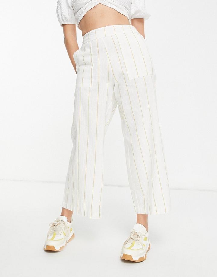 Mango Wide Leg Linen Pants With Yellow Stripe In White