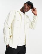 Asos Design Cord Overshirt With Revere Collar In Cream-brown