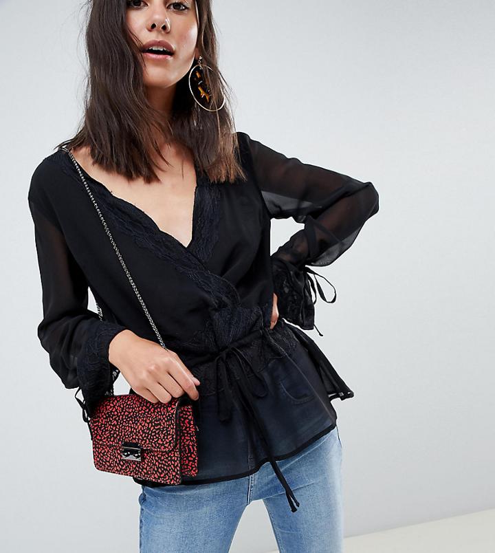 Asos Design Tall Long Sleeve Sheer Wrap Top With Lace Trims-black