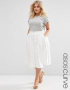 Asos Curve Denim Midi High Waist Skirt With Button Down Front - White