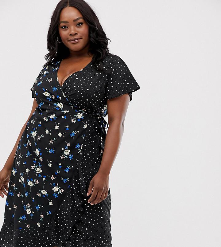 New Look Curve Wrap Dress In Mixed Print - Black