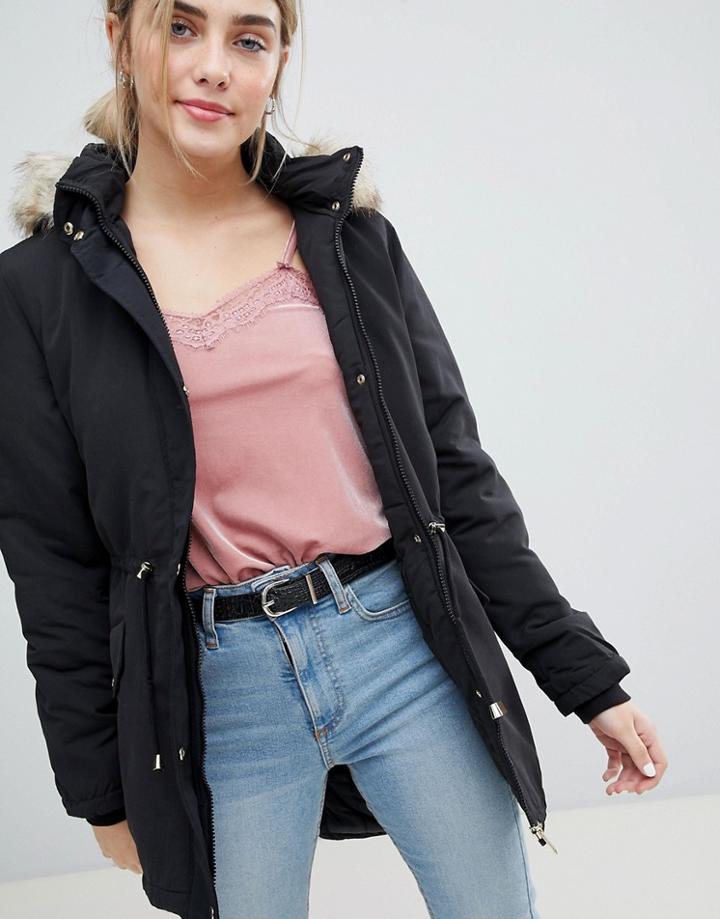 Jdy Pebble Parka Coat With Faux Fur Trim - Black