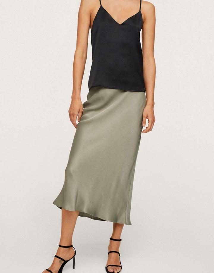 Mango Satin Midi Skirt In Sage Green