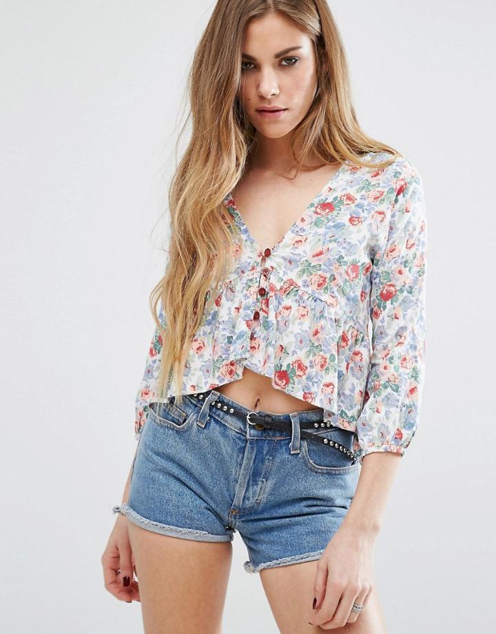 Motel 3/4 Length Sleeve Top With Peplum In Floral - White