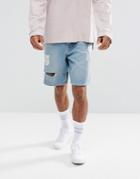 Asos Denim Shorts In Skater Fit Dark Wash Blue With Rips - Blue