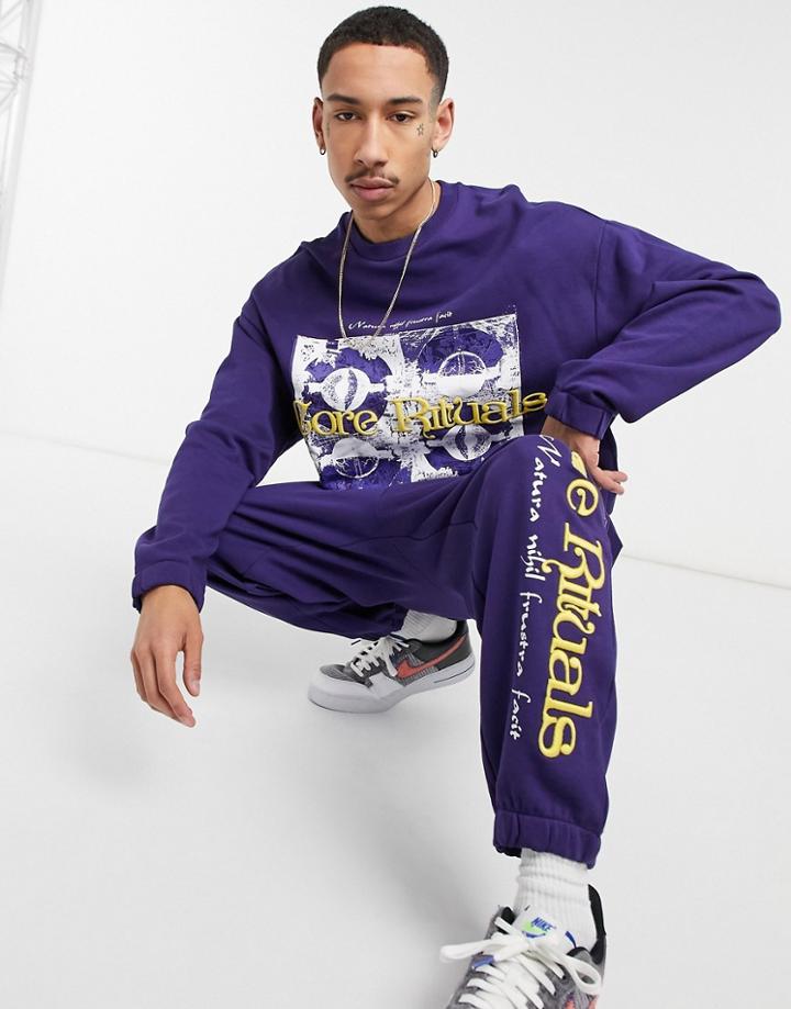 Asos Design Set Oversized Sweatshirt With Front Print Embroidery-navy