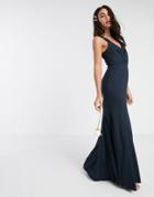 Asos Design Bridesmaid Button Back Maxi Dress With Pleated Bodice Detail-navy