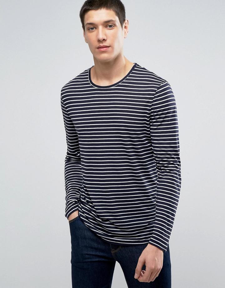 Selected Homme Longline Stripe Long Sleeve Tee - Navy
