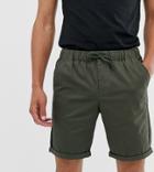 Asos Design Tall Slim Chino Shorts With Elastic Waist In Dark Khaki - Green