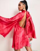 Asos Luxe Flippy Dress With Open Back And Fluted Sleeves In Pink Snake Print