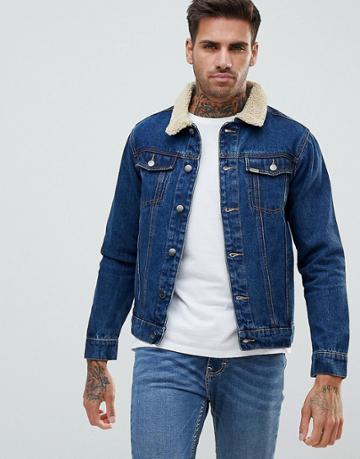 Ascend Denim Fleece Collar Denim Jacket - Blue
