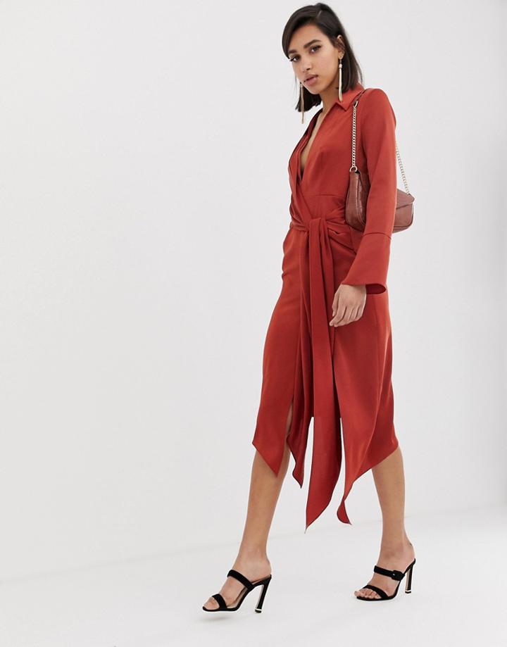 Asos Design Midi Satin Shirt Dress With Tie Waist - Brown