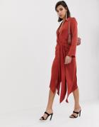 Asos Design Midi Satin Shirt Dress With Tie Waist - Brown