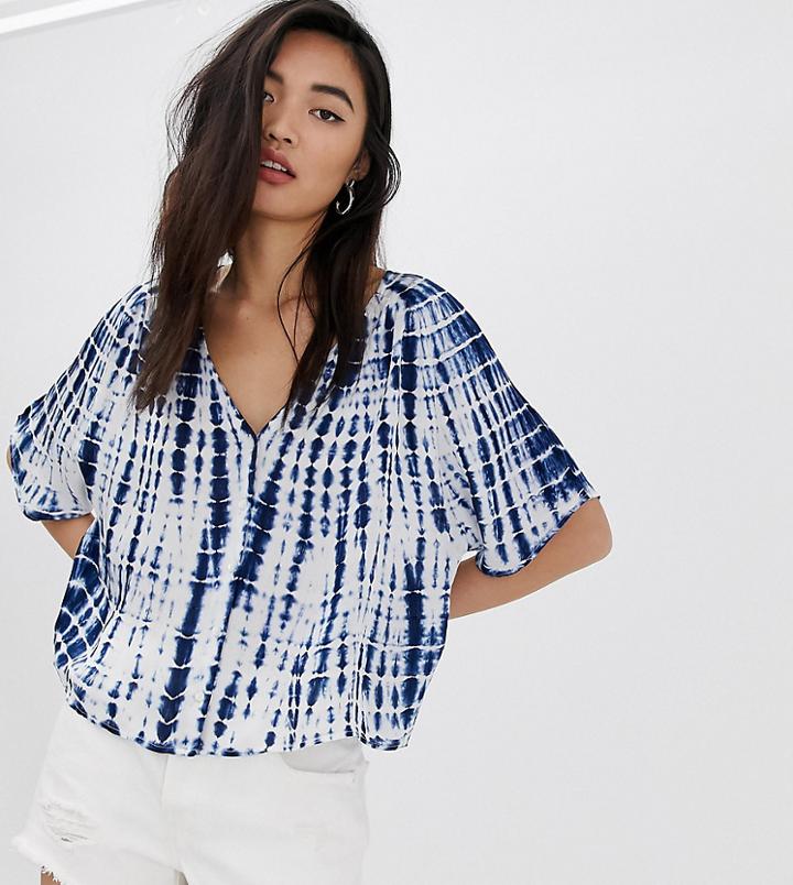 Stradivarius Tie Dye V Neck Blouse In Blue - Multi