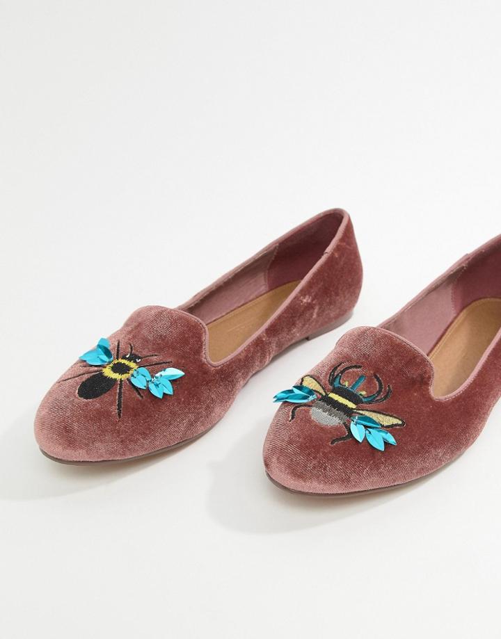 Asos Design Luna Bug Embroidered Ballet Flats-pink