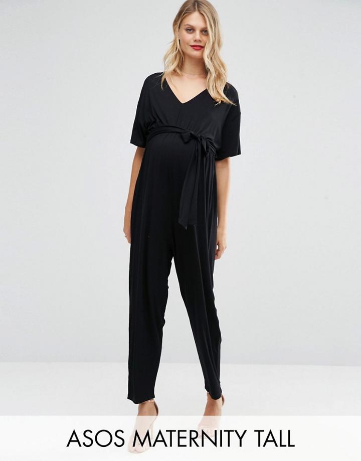 Asos Maternity Tall Belted Jumpsuit With Kimono Sleeve - Black