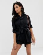 Asos Design Boiler Romper With Button Front And Tie Waist - Black