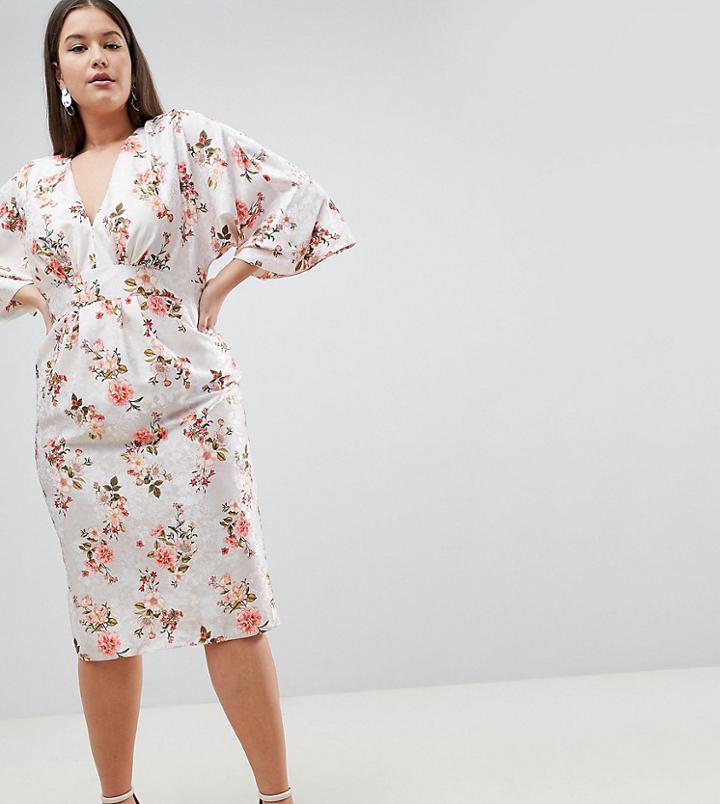 Asos Design Curve Kimono Midi Dress In Printed Floral Jacquard - Multi